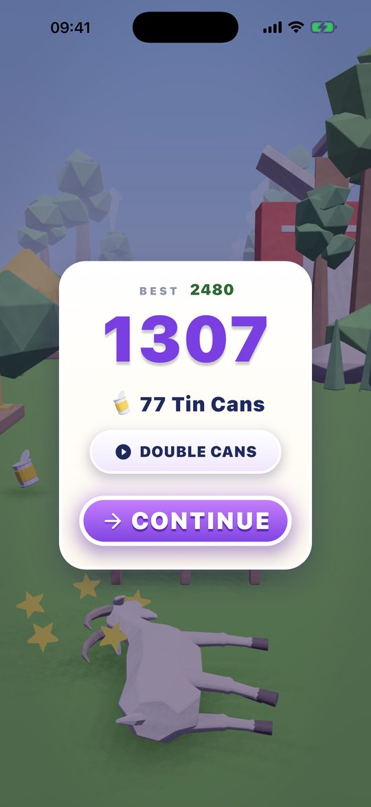 Run-end screen with score and tin cans